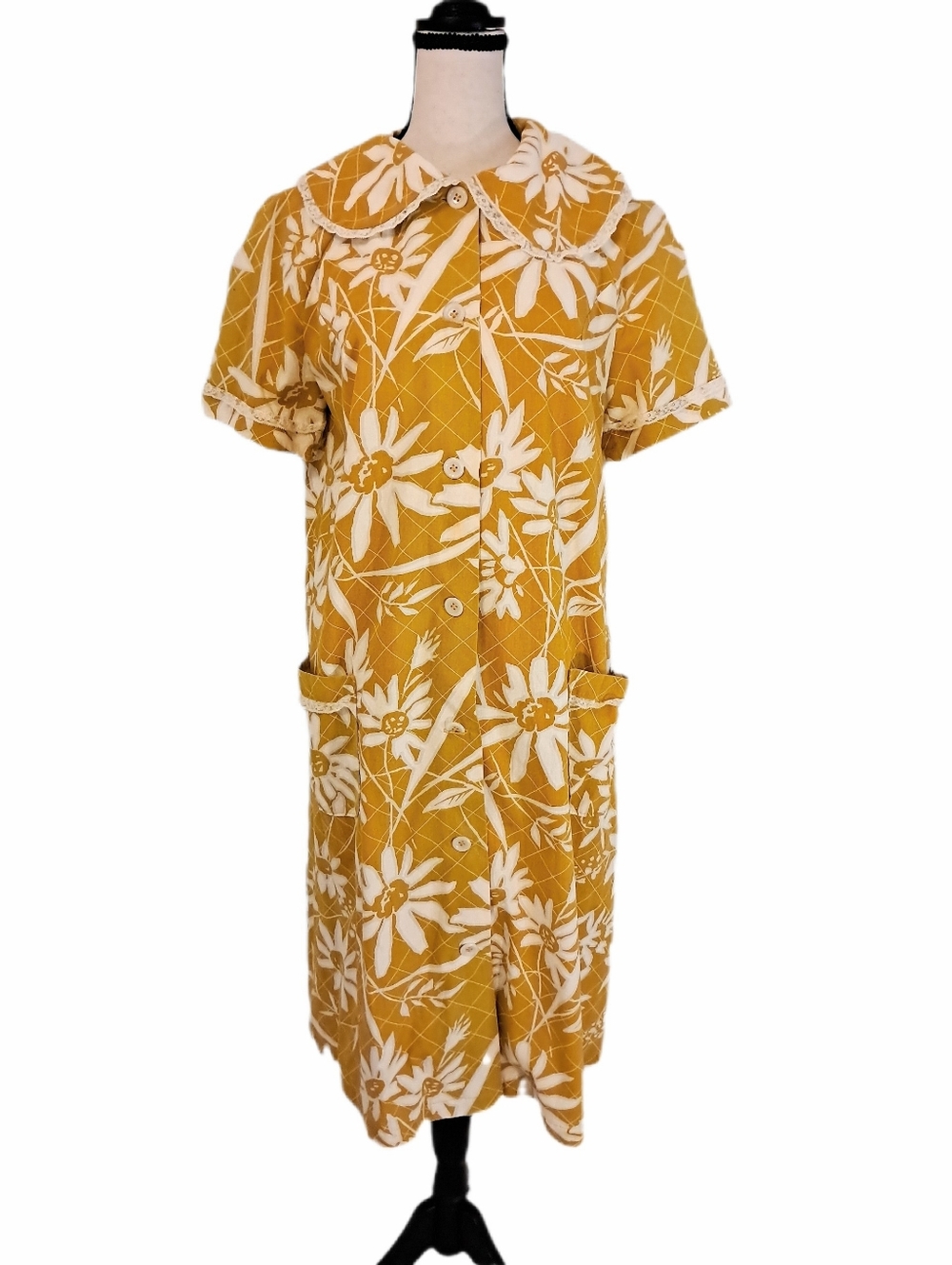 Vintage 60s Handmade Mustard Floral Housecoat Dress Lace Peter Pan Collar Size M